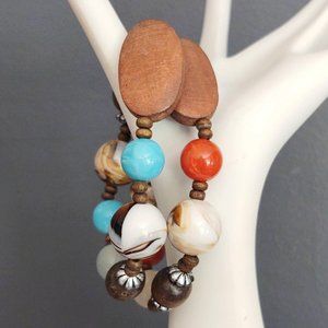 Pair of wood & bead stretch bracelets-orange/blue